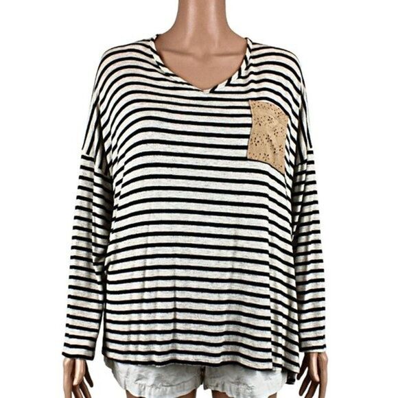 Moa Moa Tops - Top Pullover Striped Knit Long Sleeve Suede Elbow Patch & Pocket White Black 3X